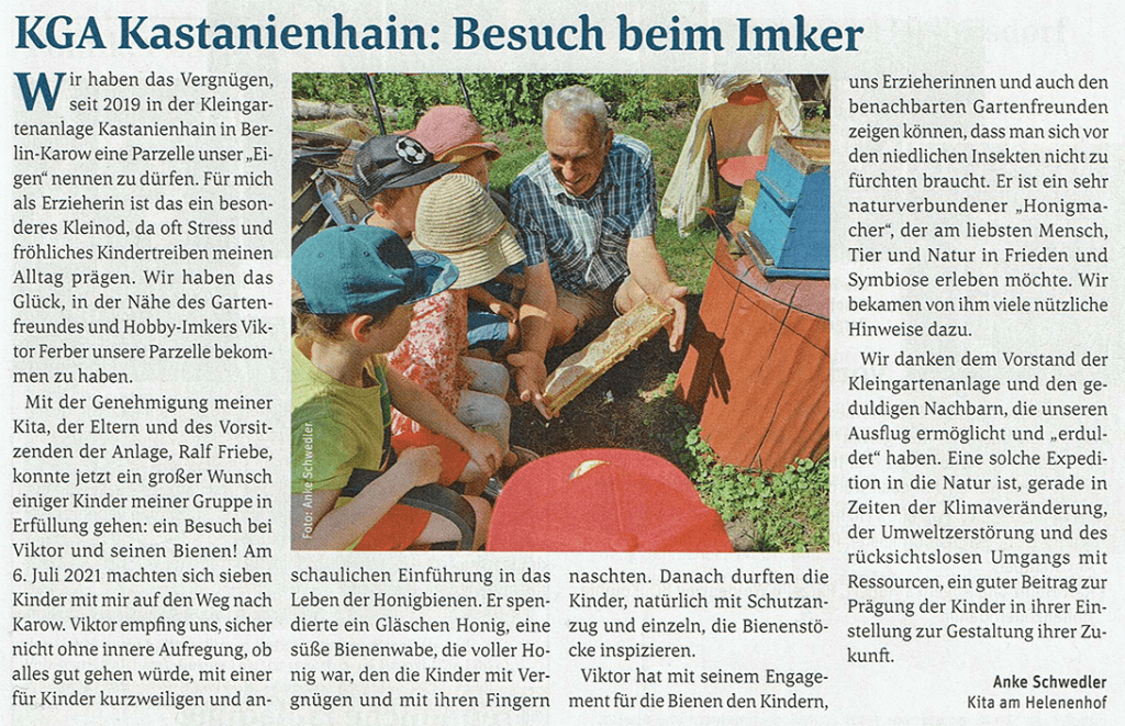 Zeitungsausschnitt zum Besuch eines Kindergartens bei unserem Imker Viktor
